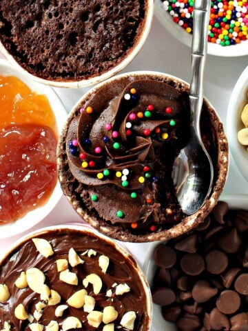 Chocolate frosted mug cake a bowls of mix-ins