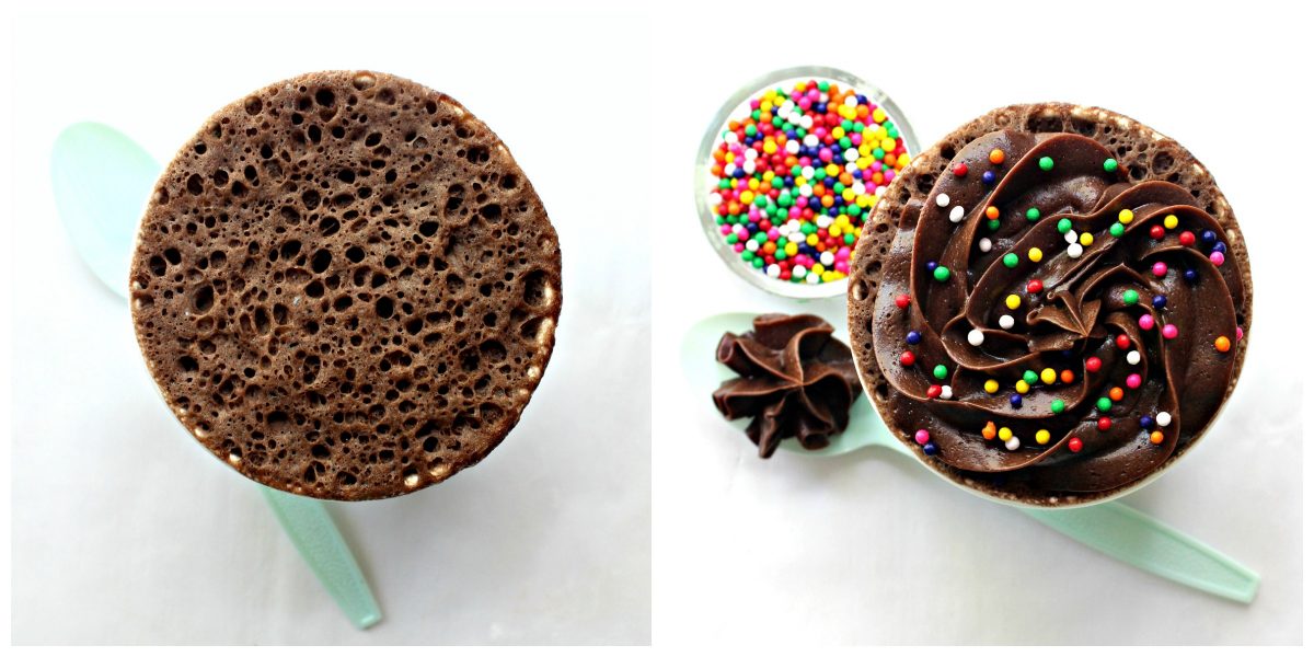 Collage showing images of plain mug cake and frosted mug cake