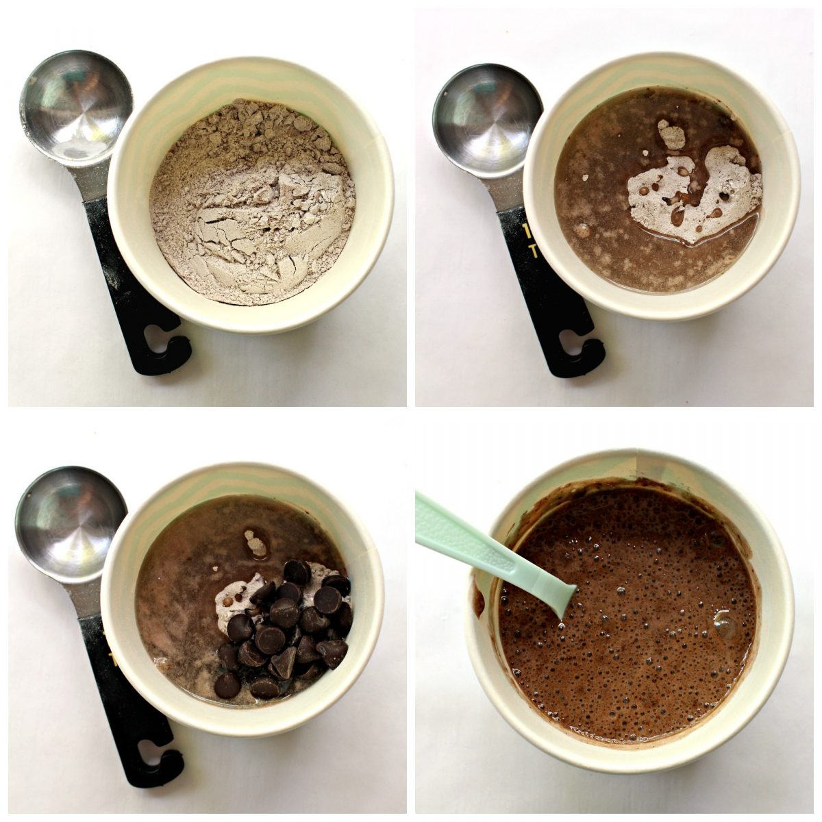 Collage with step by step images for preparing mug cake