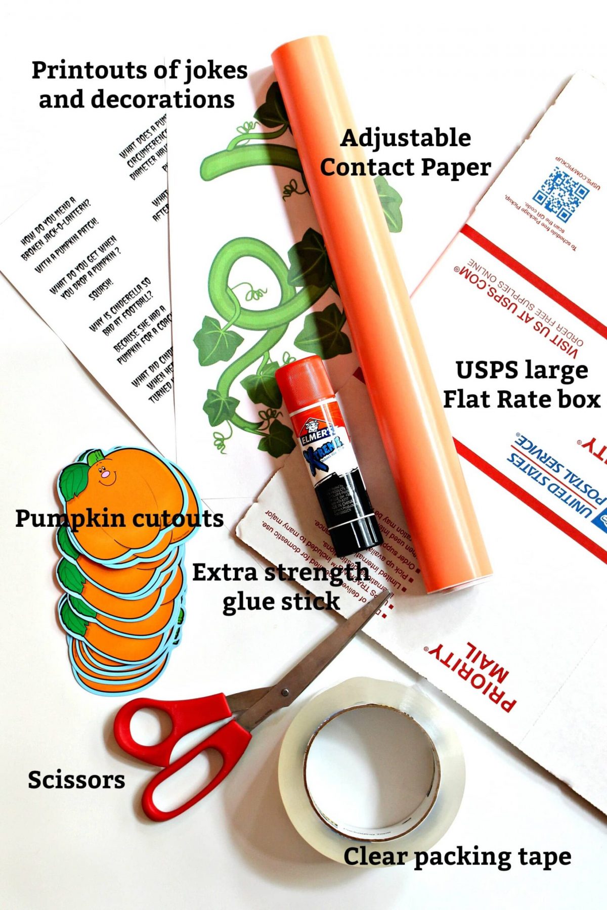 Materials for decorating the care package box, with text labels
