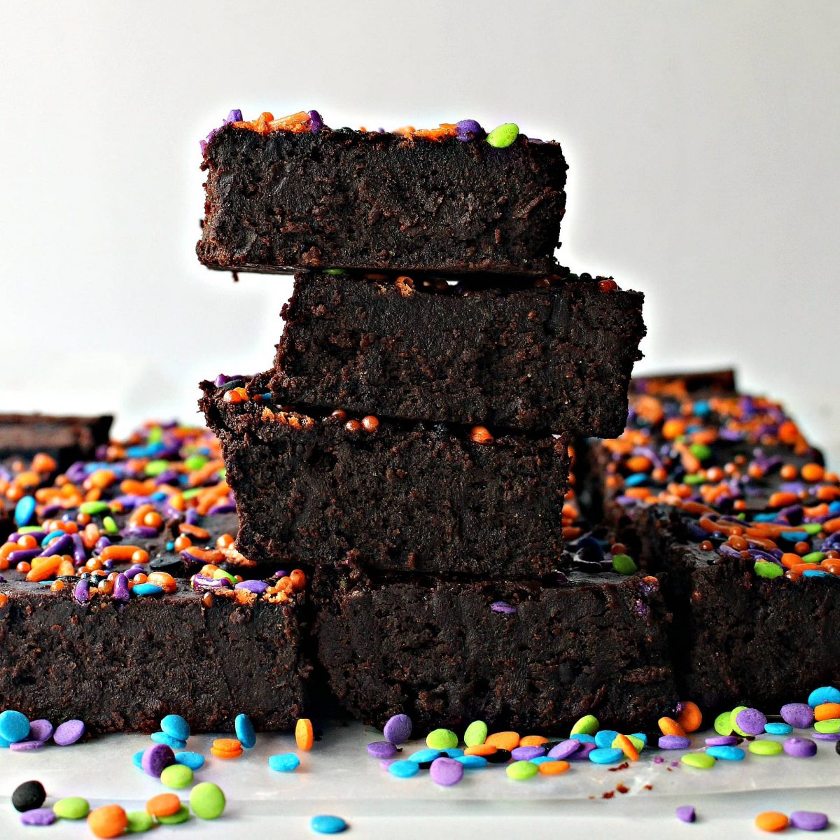 View of cut edge of brownies in a stack