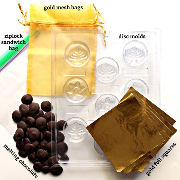 Materials for making foil covered chocolate coins, with text labels