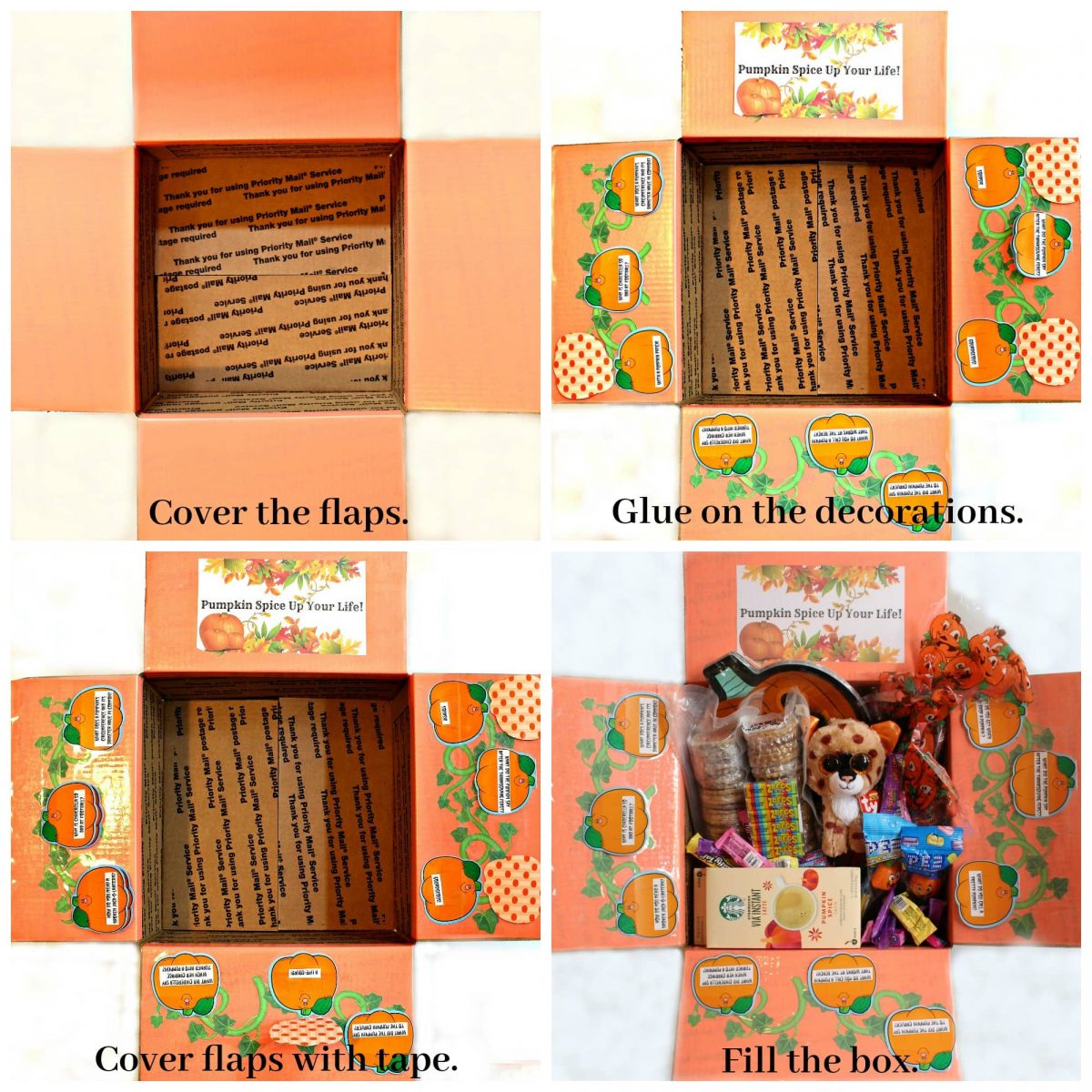 Collage with step by step images for decorating box flaps, with text overlay