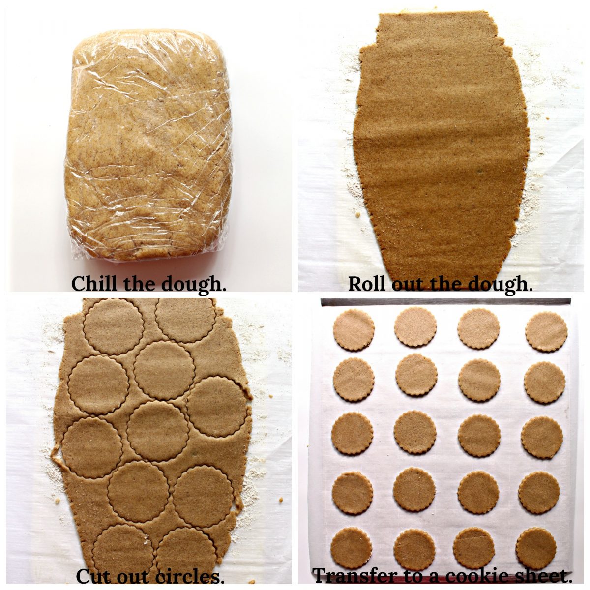 Collage of dough process chill dough, roll out, cut out circles, place on parchment lined baking sheet.
