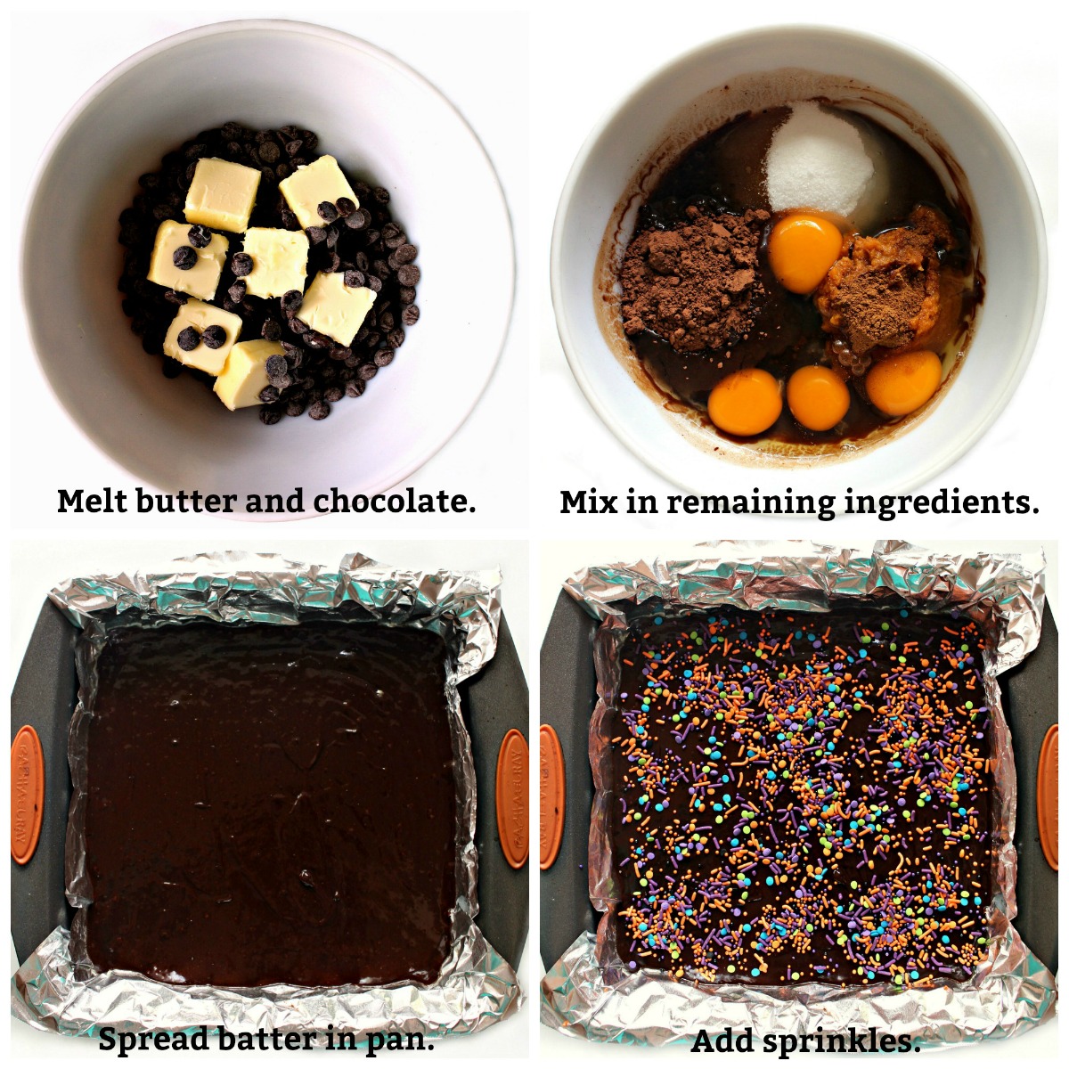 Instructions; melt butter and chocolate, combine all ingredients, spread in pan, add sprinkles.