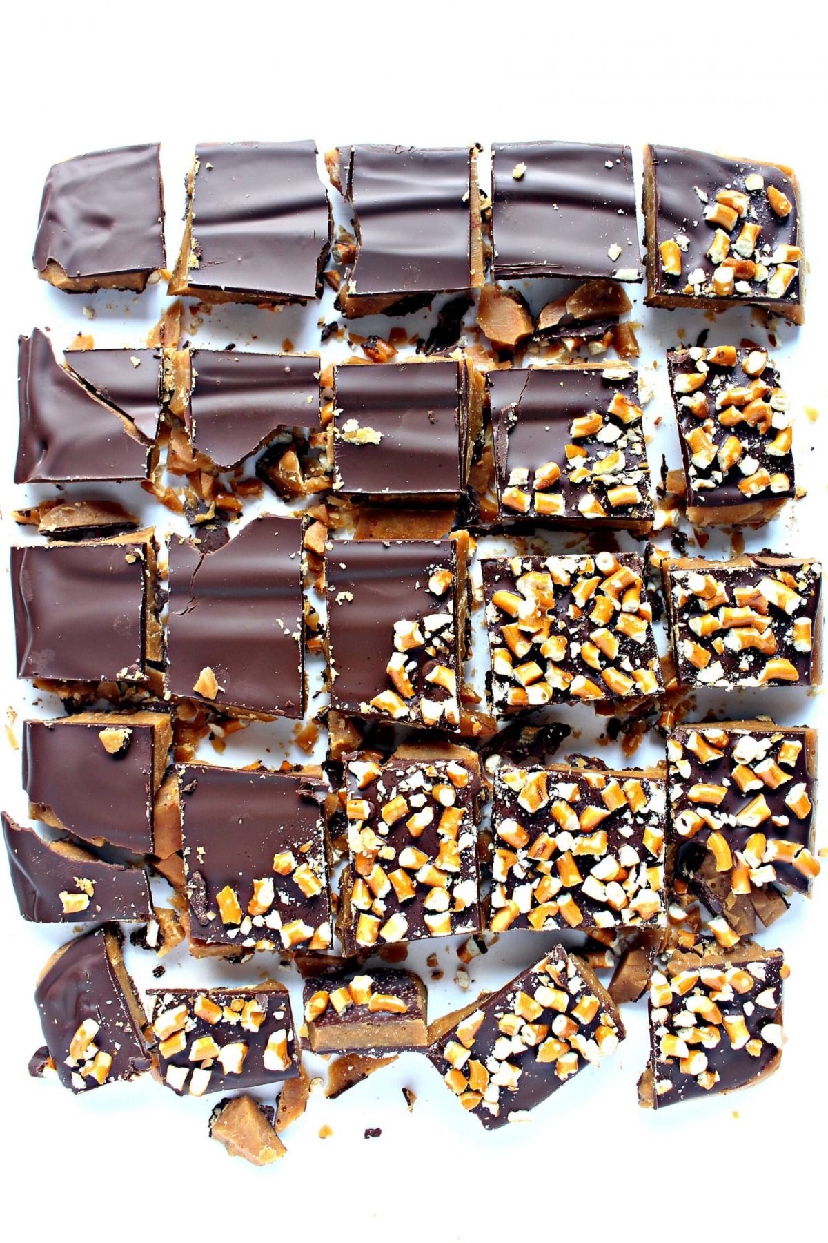 chocolate covered toffee sprinkled with chopped pretzels and cut into squares