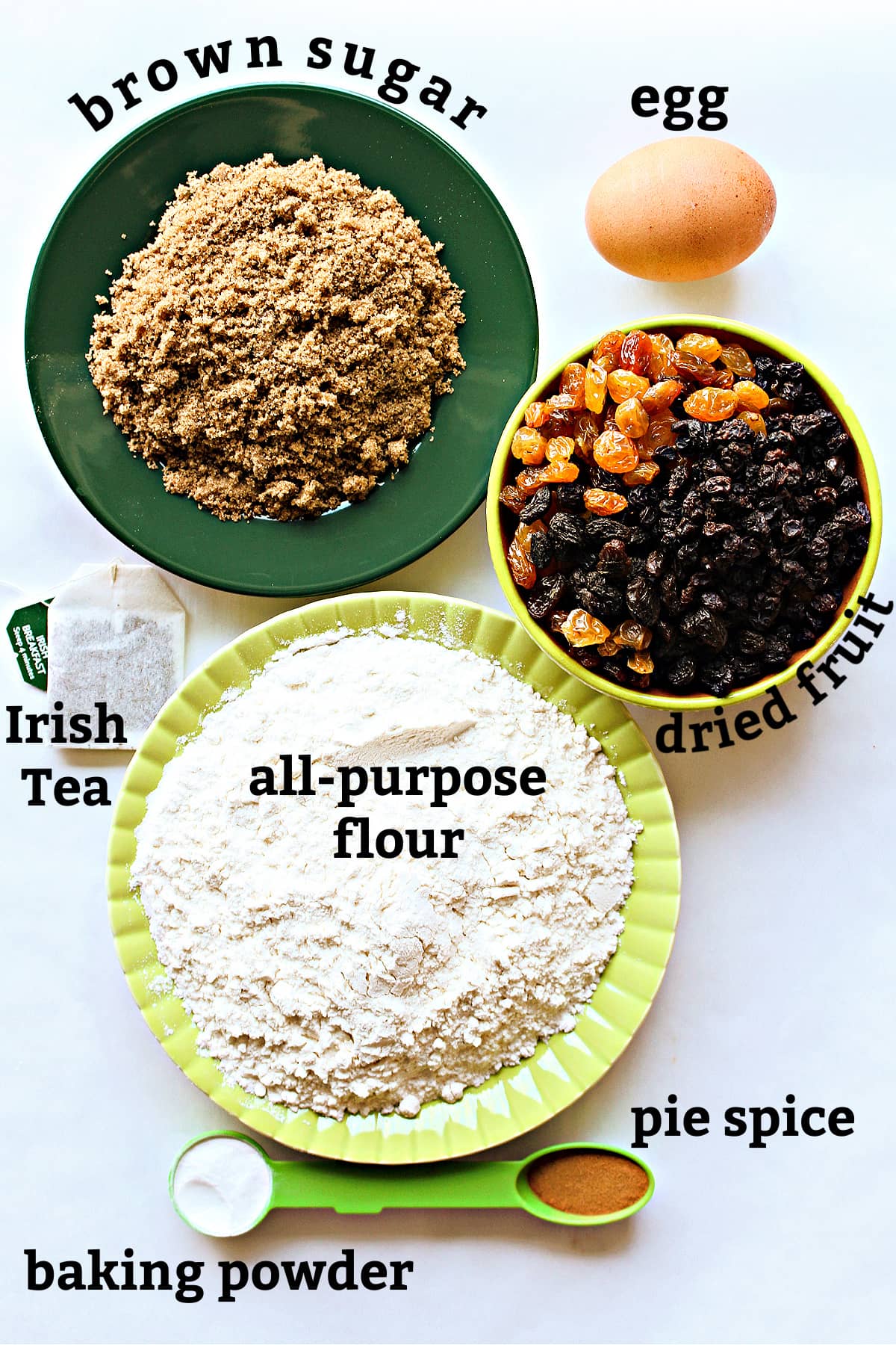 Recipe ingredients with text labels: brown sugar, dried fruit, flour , egg,  tea, baking powder, spice.