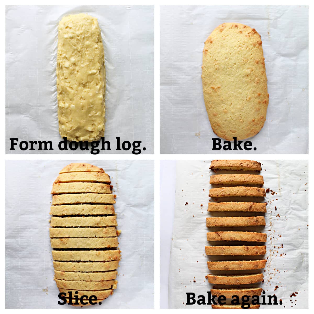 Step by step collage with text overlay: form dough log, bake, slice, bake again.