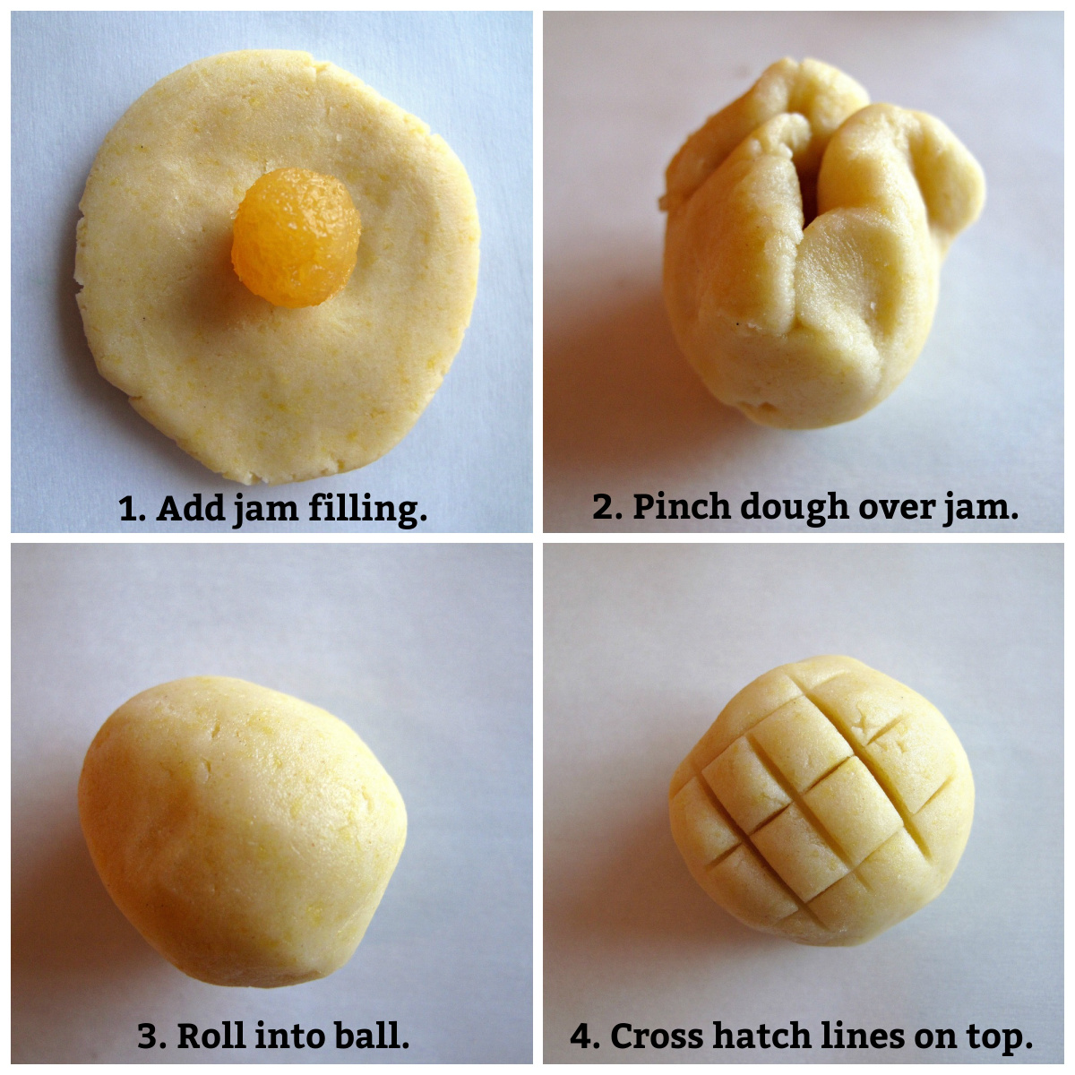 Step by step image collage forming Pineapple Cookies: add jam, pinch dough, roll ball, add lines.