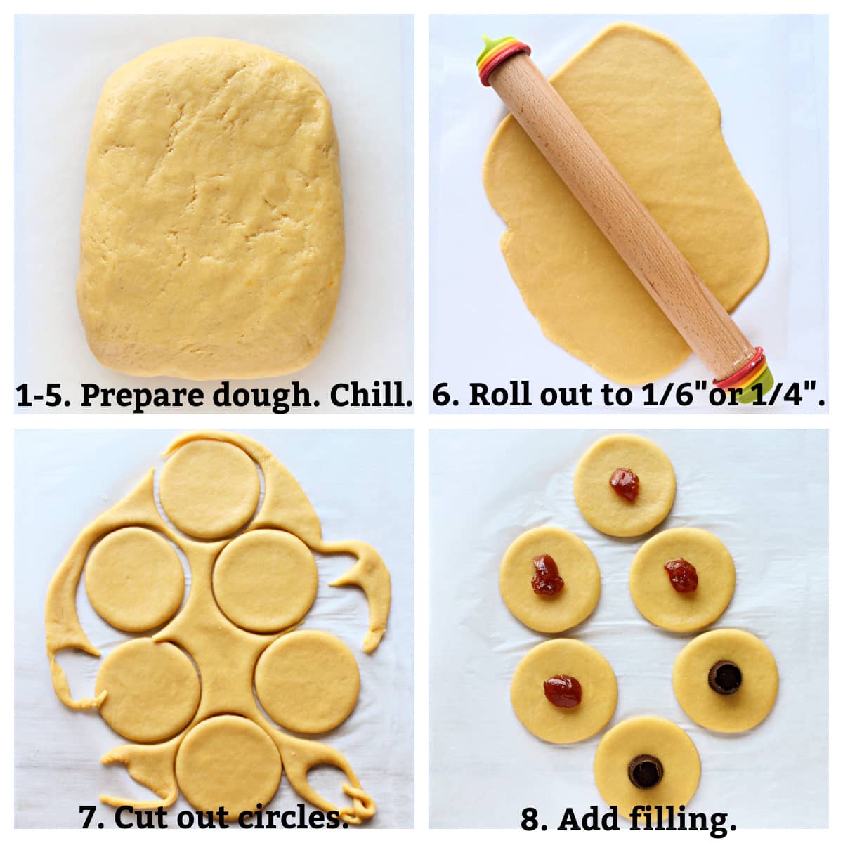 Collage showing prepared dough, rolled out dough, cut out circles, filling on circles.