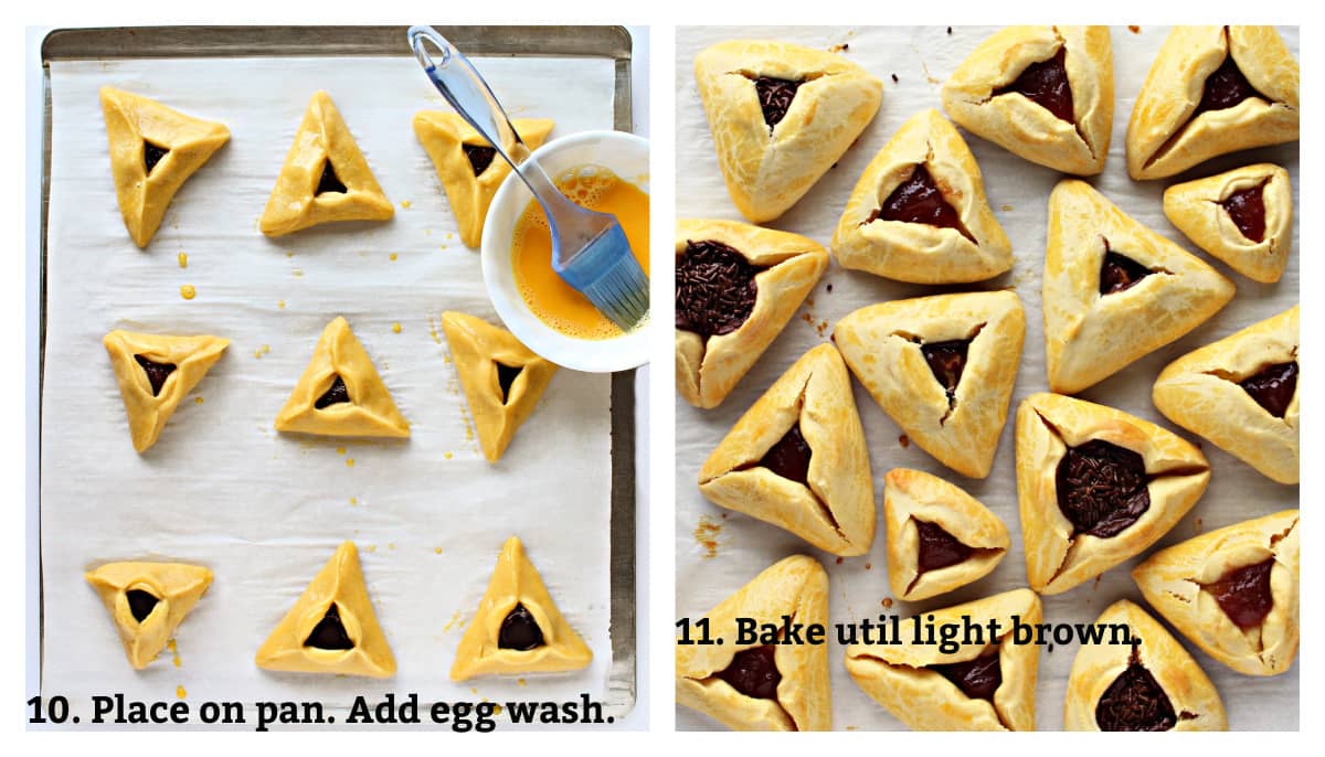 Hamantaschen on baking pan with egg wash, baked cookies.