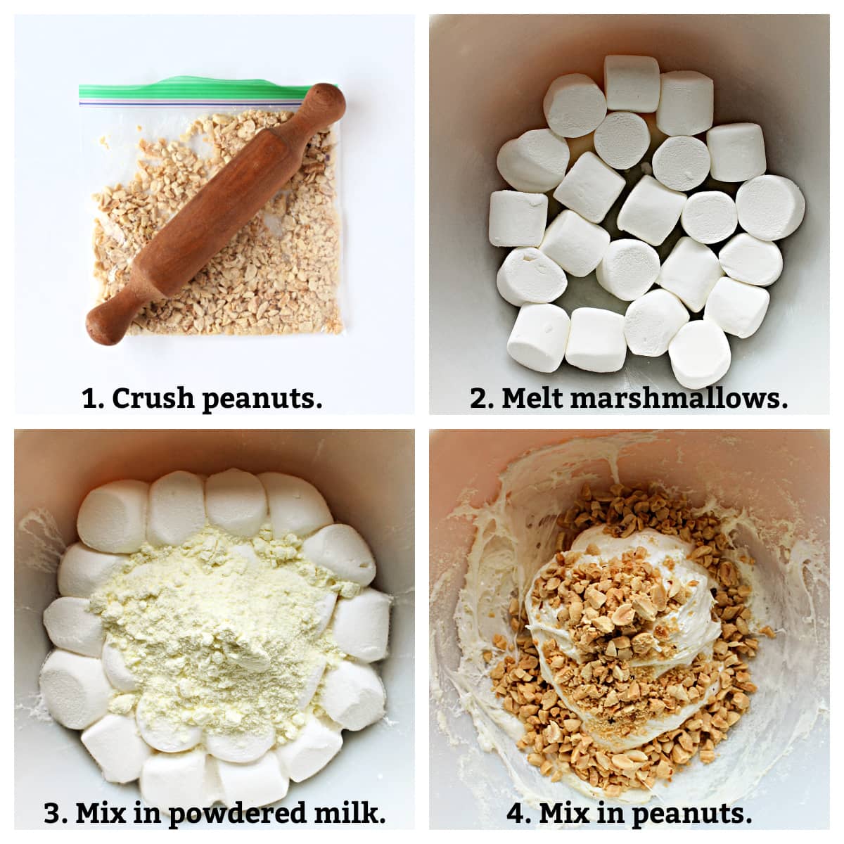 Step by step image collage; crush peanuts, melt marshmallows, mix in powdered milk and peanuts.