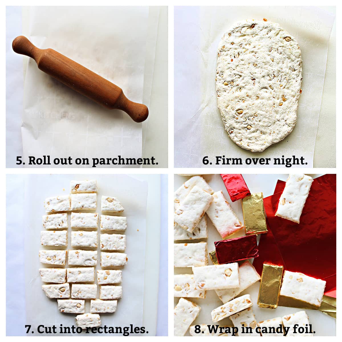 Step by step image collage: roll out between parchment, firm overnight, cut into rectangles, wrap.