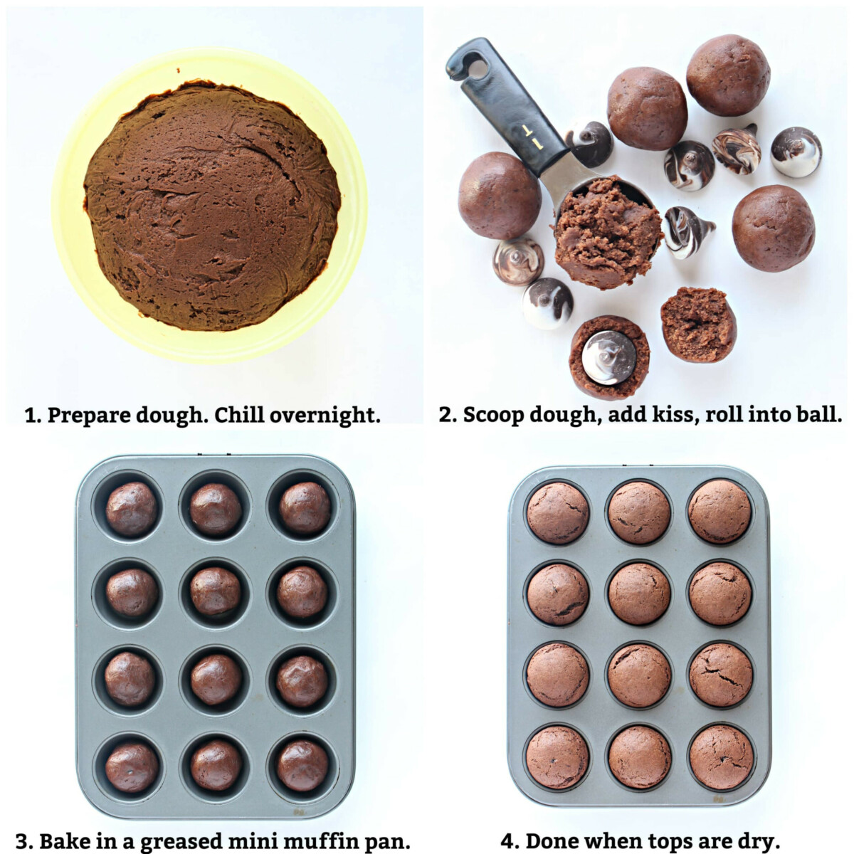 Process collage shows prepare dough, scoop, add kiss, roll into balls, bake in mini muffin pans.