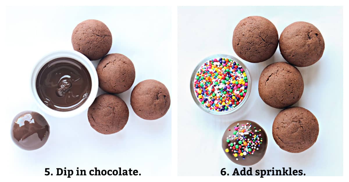 Decorating process step 5 is dip in chocolate and step 6 is add sprinkles.