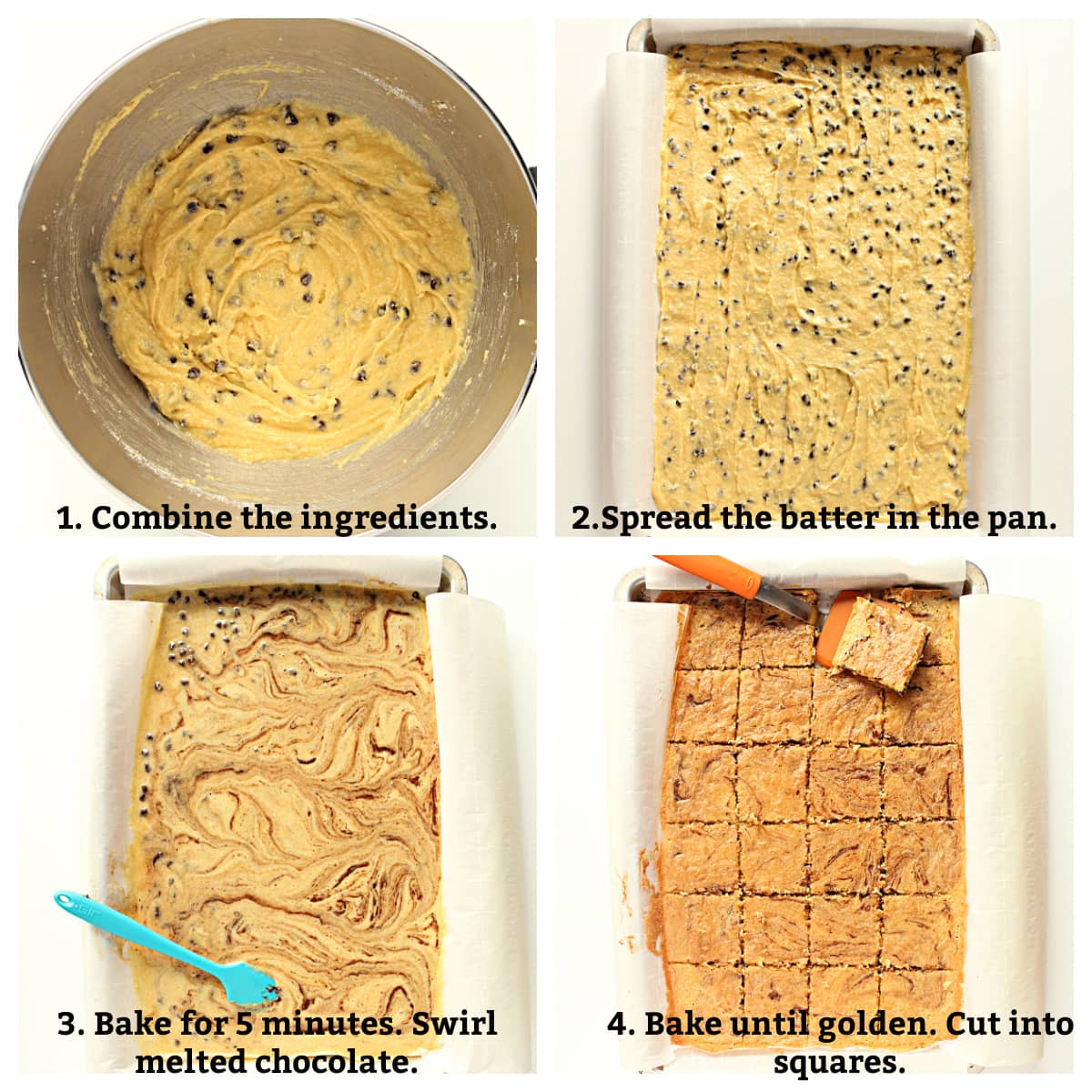Recipe instructions; combine ingredients, spread into pan, bake, swirl melted chocolate, finish baking, cut into bars.