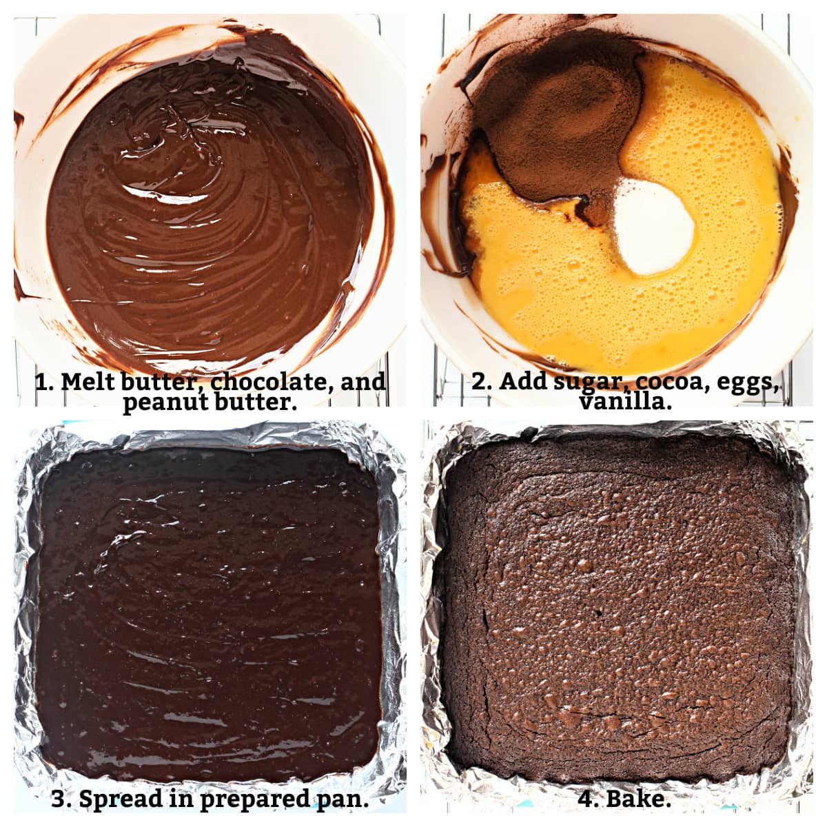 Instructions: melt butter,chocolate, peanut butter, add sugar, cocoa, eggs, vanilla, spread in pan, bake.