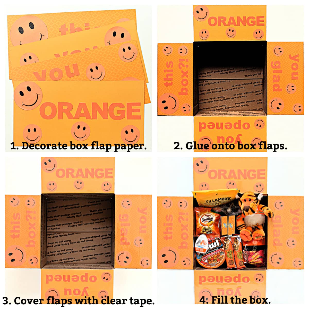 Decorating instructions; decorate paper, glue paper on box flaps, cover with tape, fill the box.