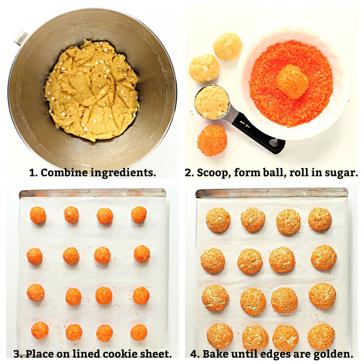 Recipe instructions showing combined ingredients, dough balls rolled in  sugar, cookies baked on a pan.