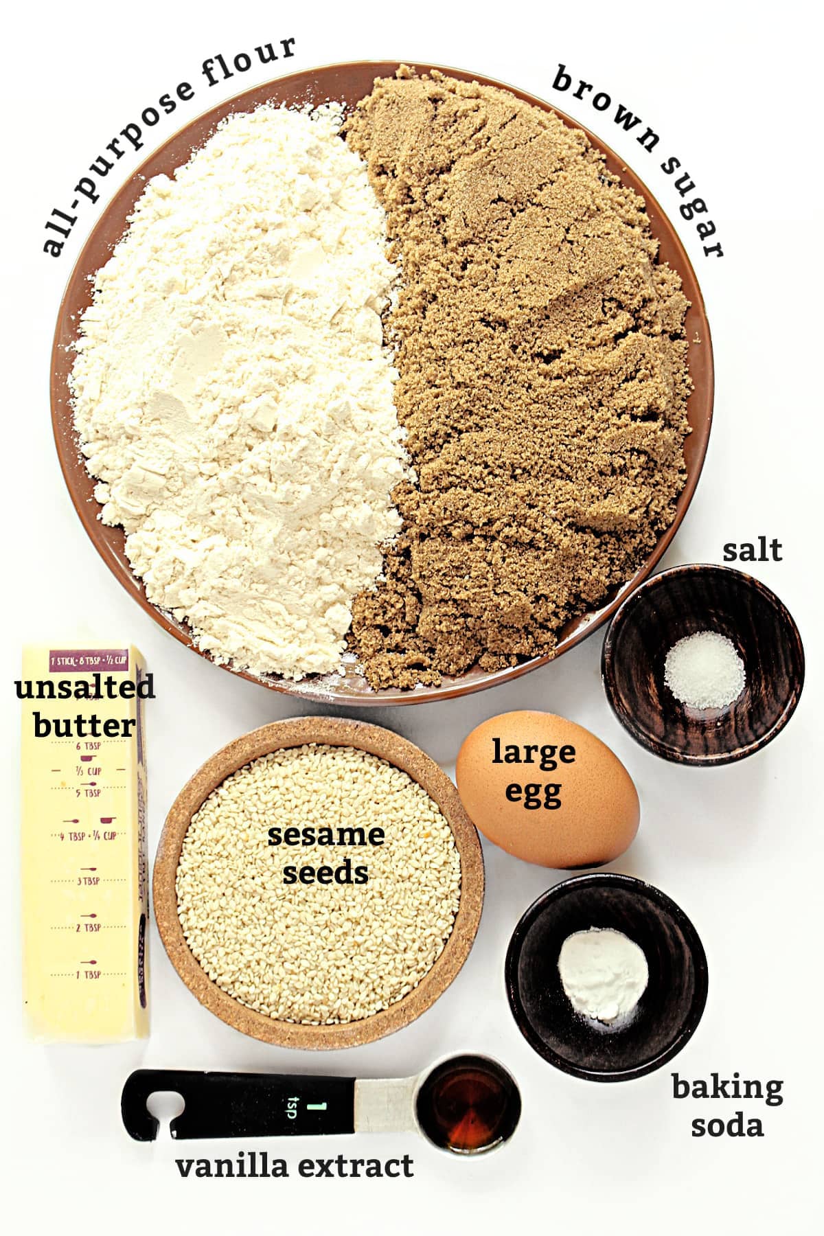 Benne Wafer ingredients with labels: flour, brown sugar, salt, egg, sesame seeds, baking soda, vanilla, butter.