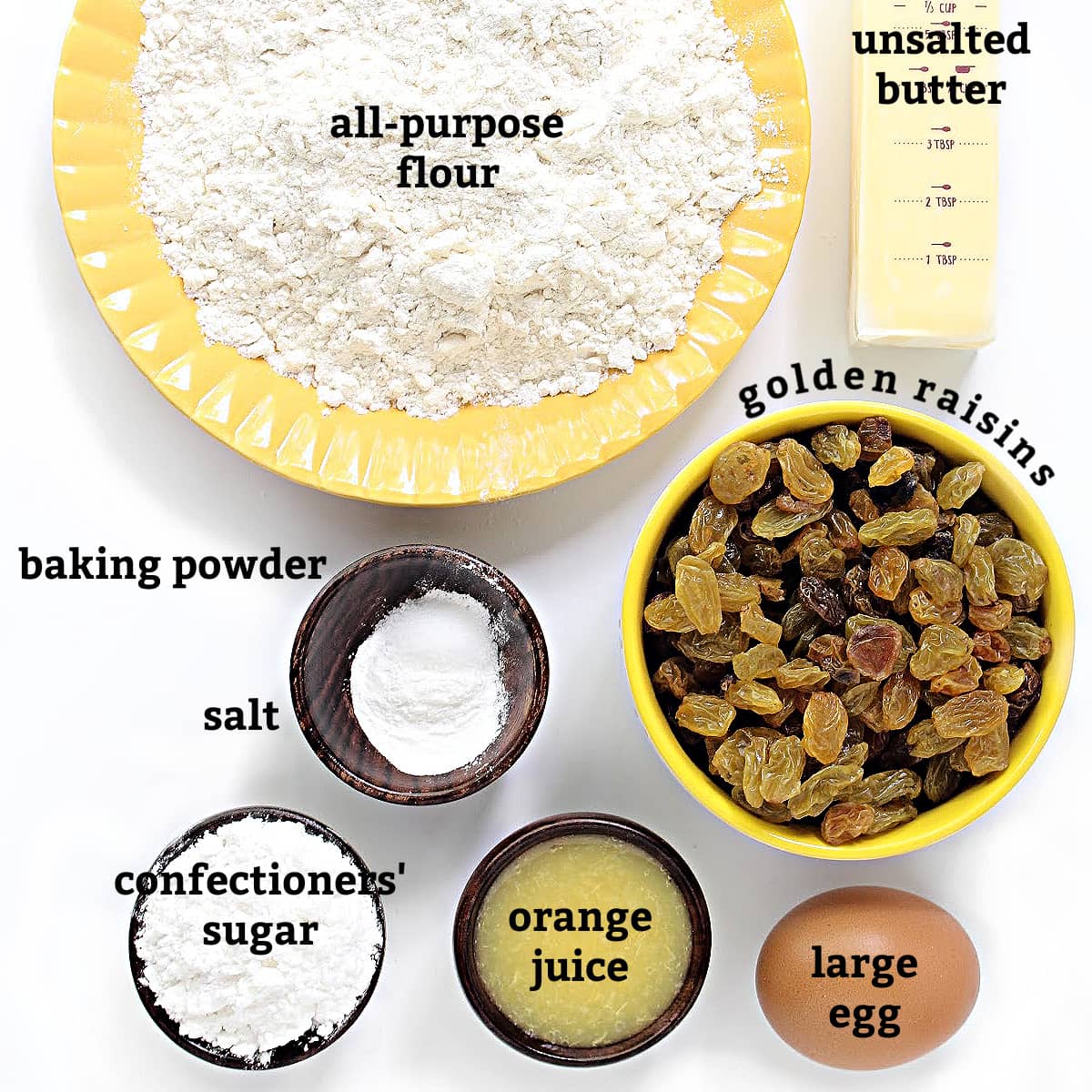 Recipe ingredients with text overlay; flour, butter, raisins, baking powder, salt, confectioners' sugar, orange juice, egg.