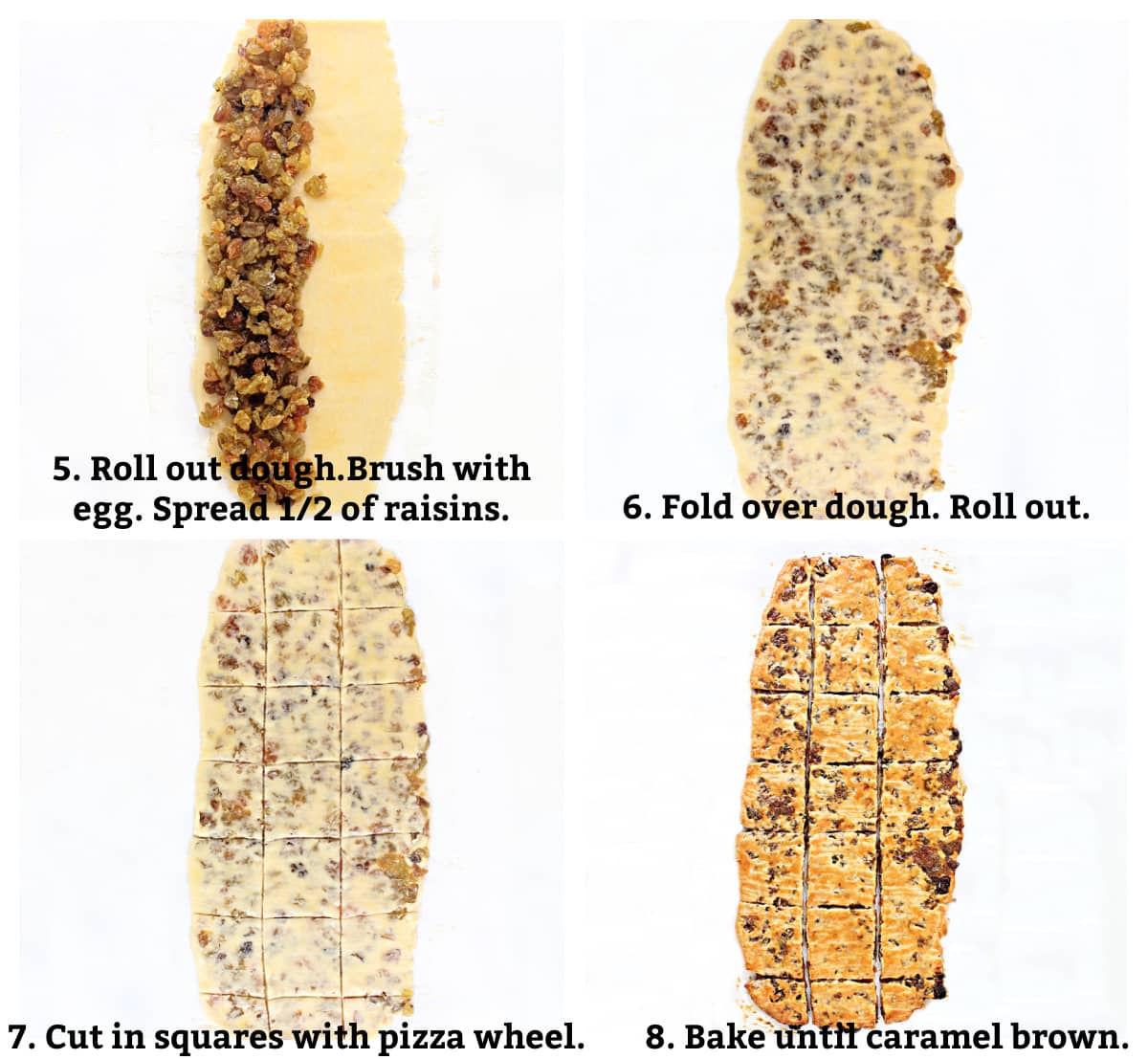 Recipe process; roll out ½ dough, add ½ raisins, fold dough, roll out again, slice, bake.