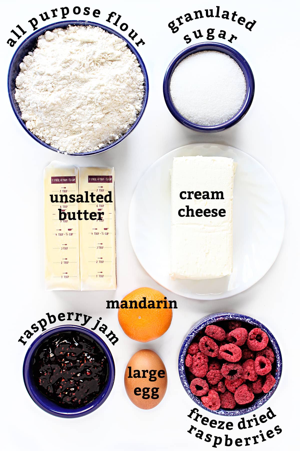 Ingredients labeled: all-purpose flour, sugar, butter, cream cheese, raspberry jam, mandarin, egg, freeze dried raspberries.