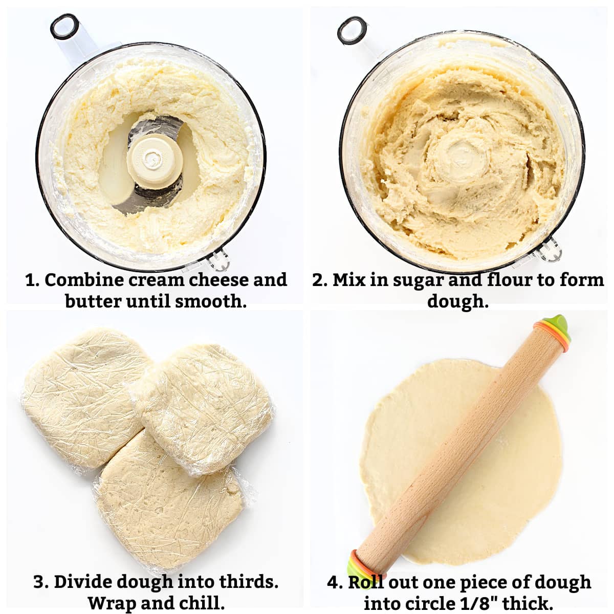 Instructions: in food processor combine ingredients into dough, divide dough and chill, roll out into circle.