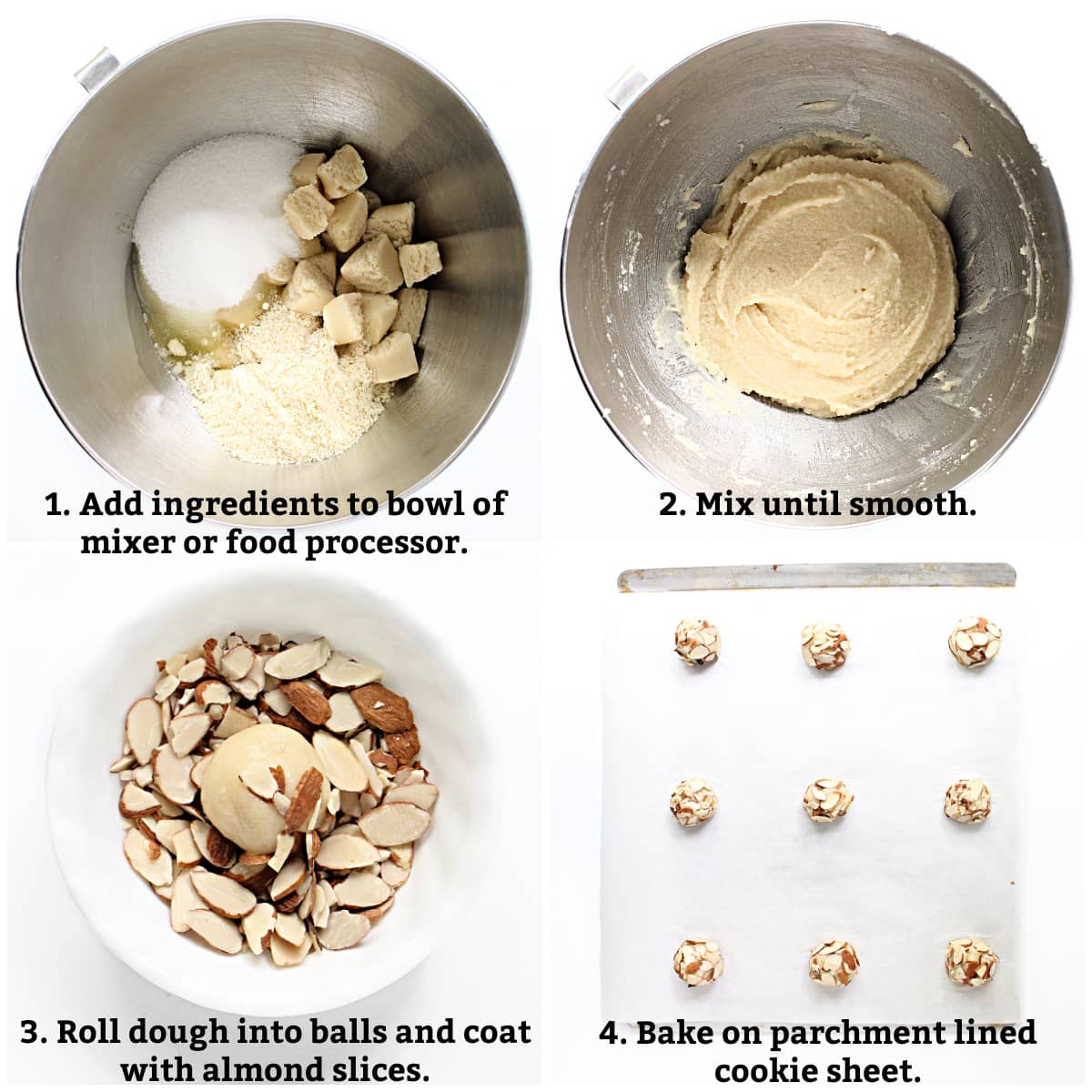 Instructions labeled; add ingredients to mixer bowl, mix, roll into balls, coat with almonds, bake.