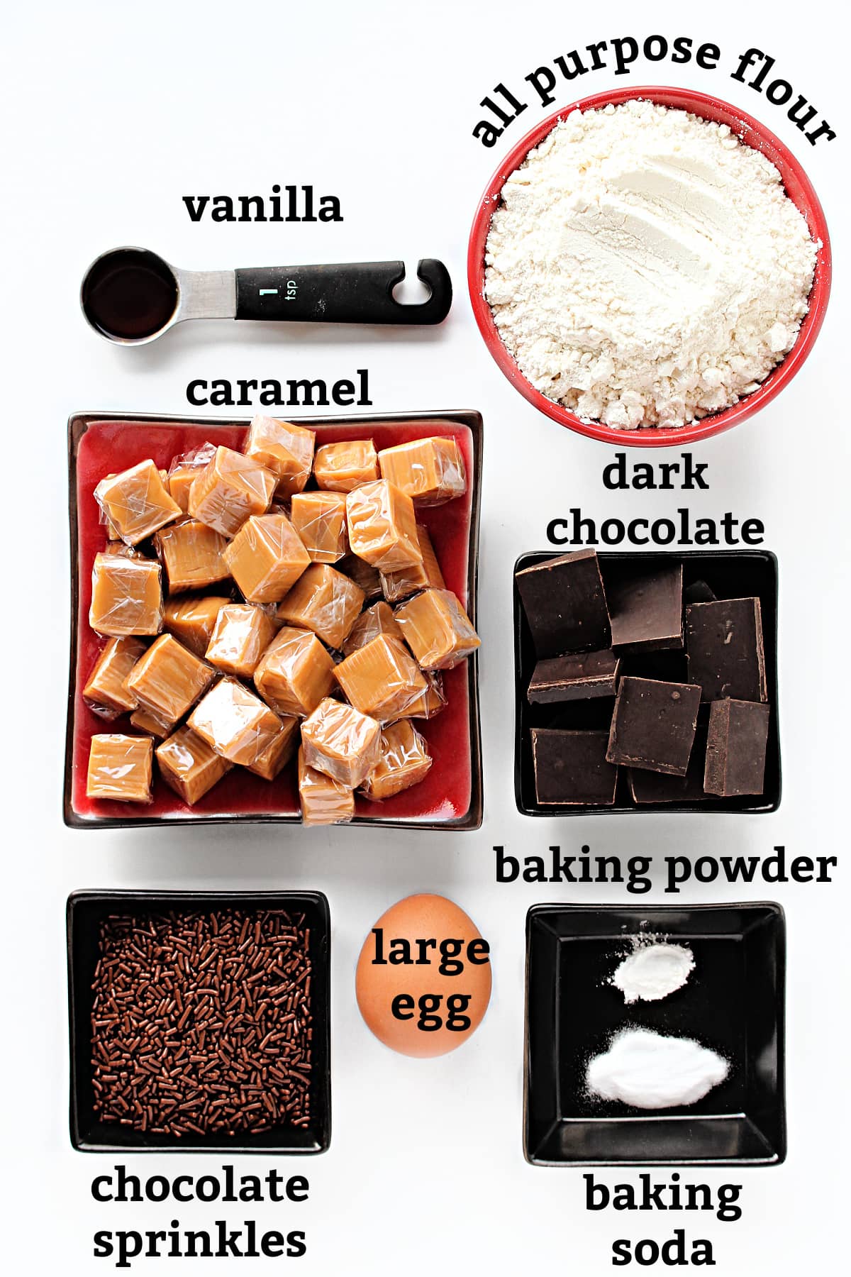 Ingredients labeled, vanilla extract, all purpose flour, caramels, dark chocolate, sprinkles, large egg, baking powder.