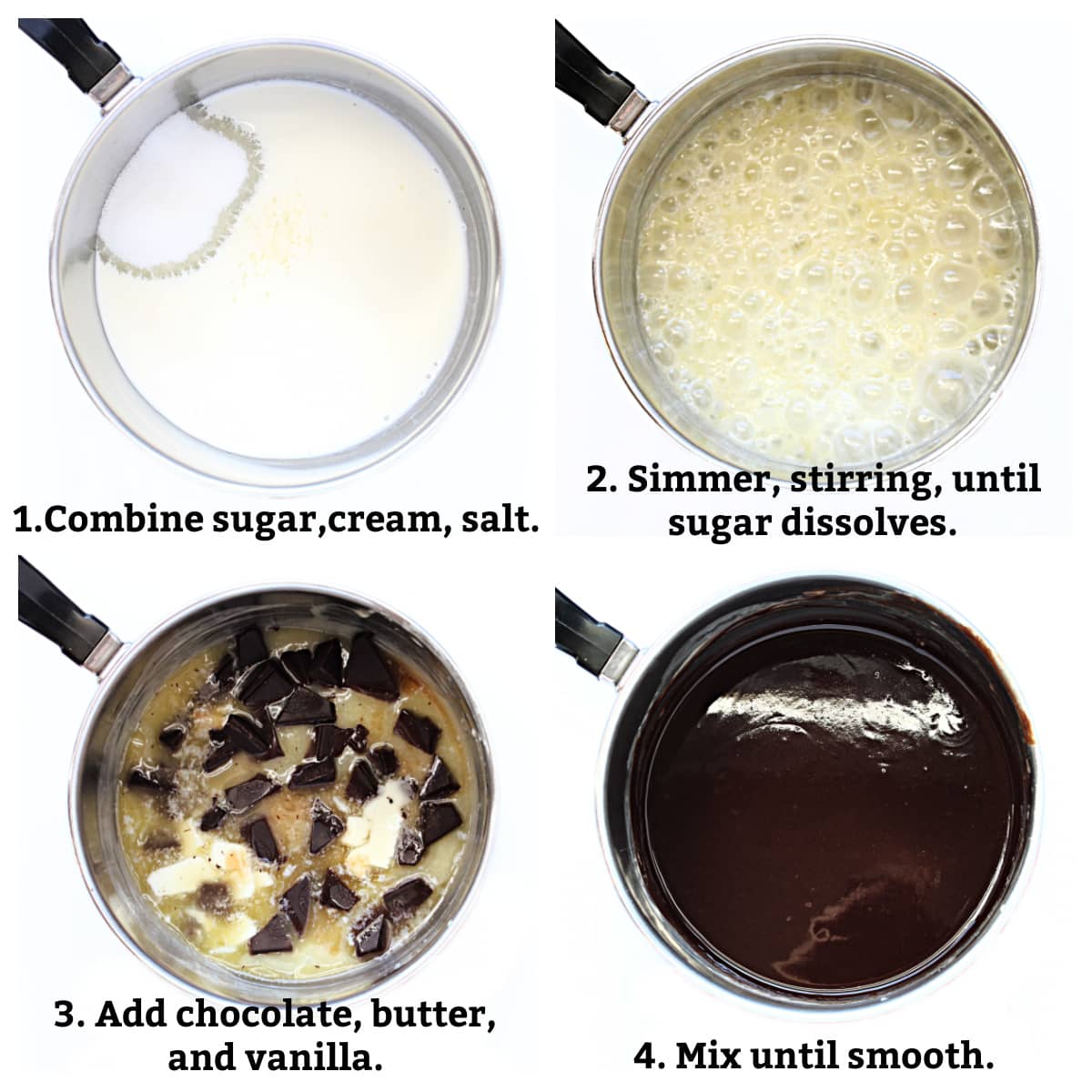 Filling Instructions labeled; combine sugar, cream, salt, simmer, add chocolate, butter, vanilla, mix until smooth.