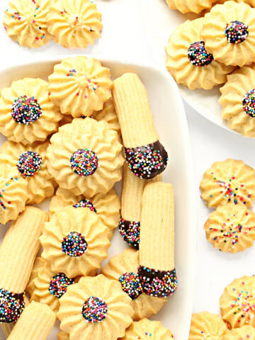 Piped butter cookies in a variety of shapes.