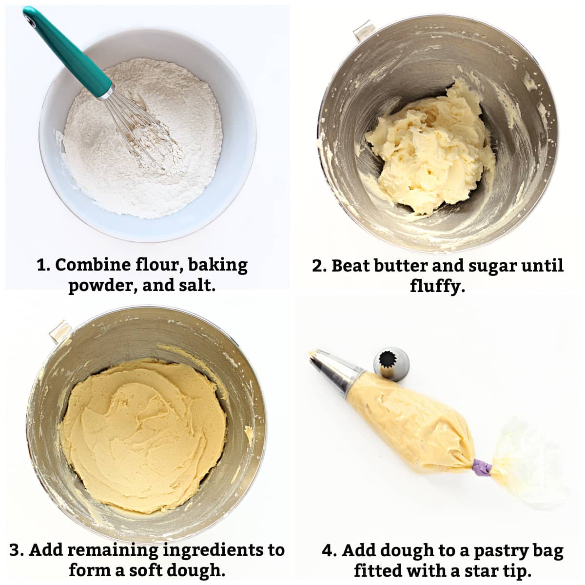 Instructions collage labeled; combine dry ingredients, beat butter and sugar, combine all ingredients, dough into  bag.