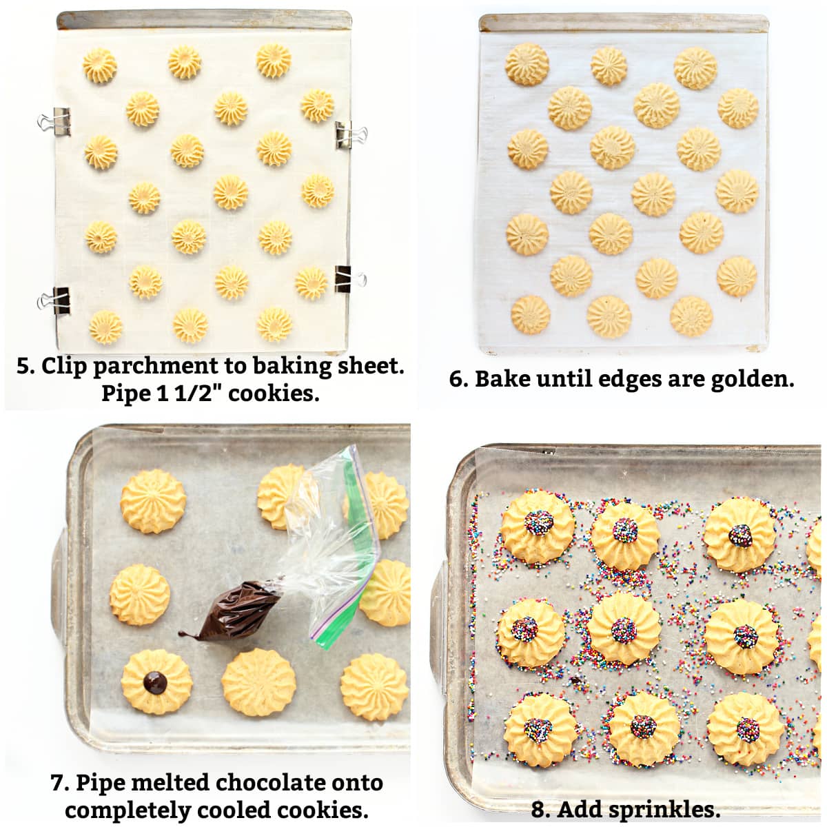 Instructions collage labeled; clip parchment to pan, pipe cookies, bake, pipe on chocolate, add sprinkles.