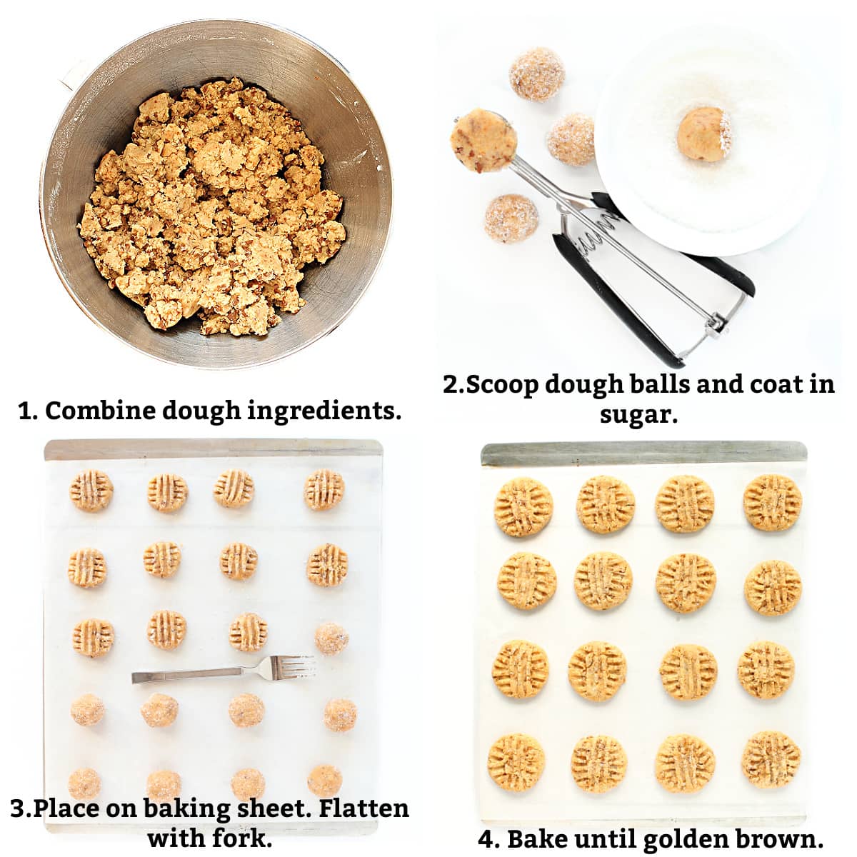 Instructions; combine ingredients, scoop dough balls and sugar coat, flatten with fork, bake until golden brown.