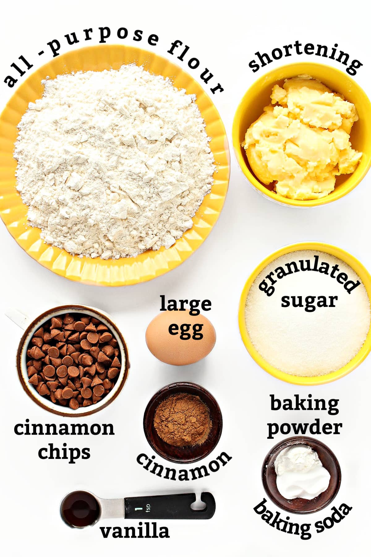 Ingredients labeled: flour, shortening, cinnamon chips, egg, sugar, cinnamon, baking powder, baking soda, vanilla.