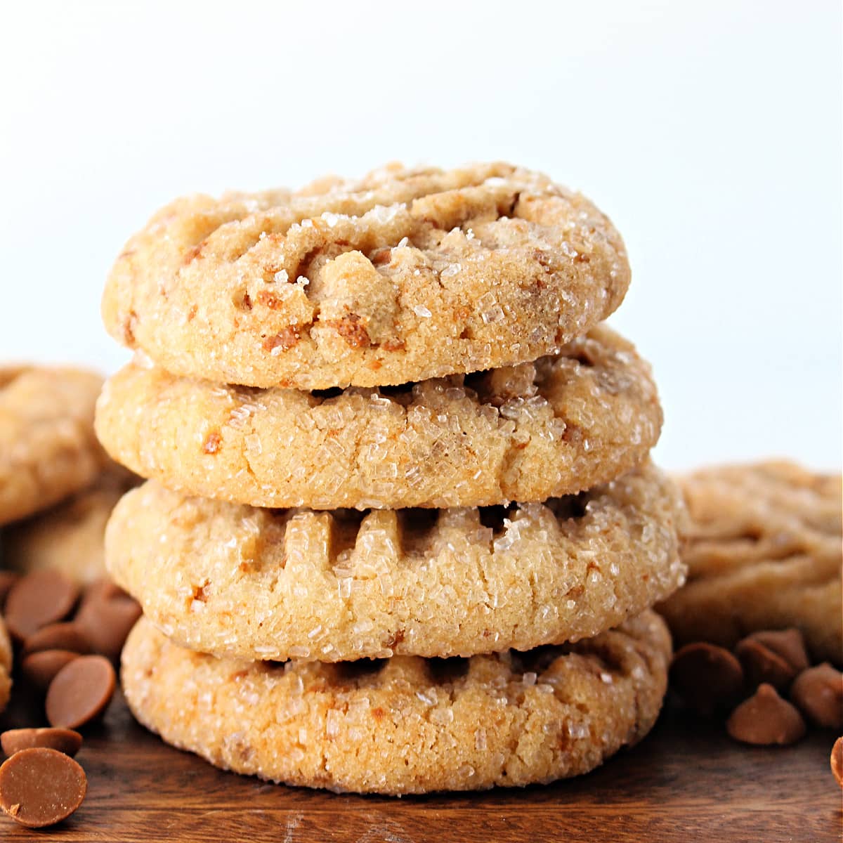 Closeup of stack of cookies showing thick edges and sparkling sugar coating.