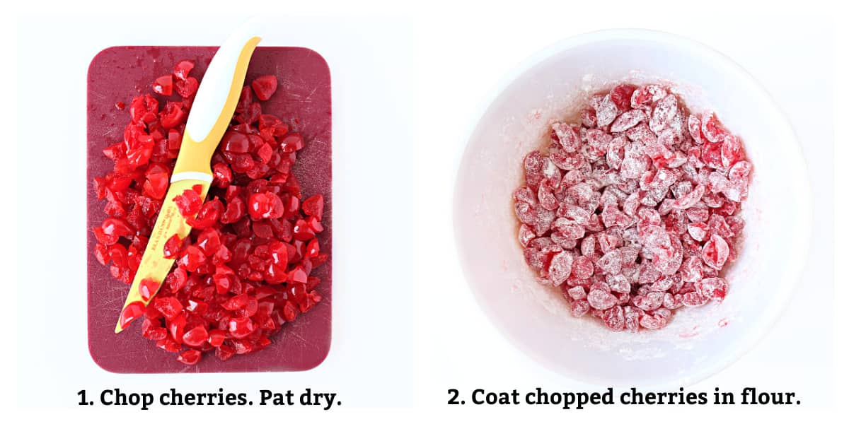 Instruction to chop cherries and coat in flour.