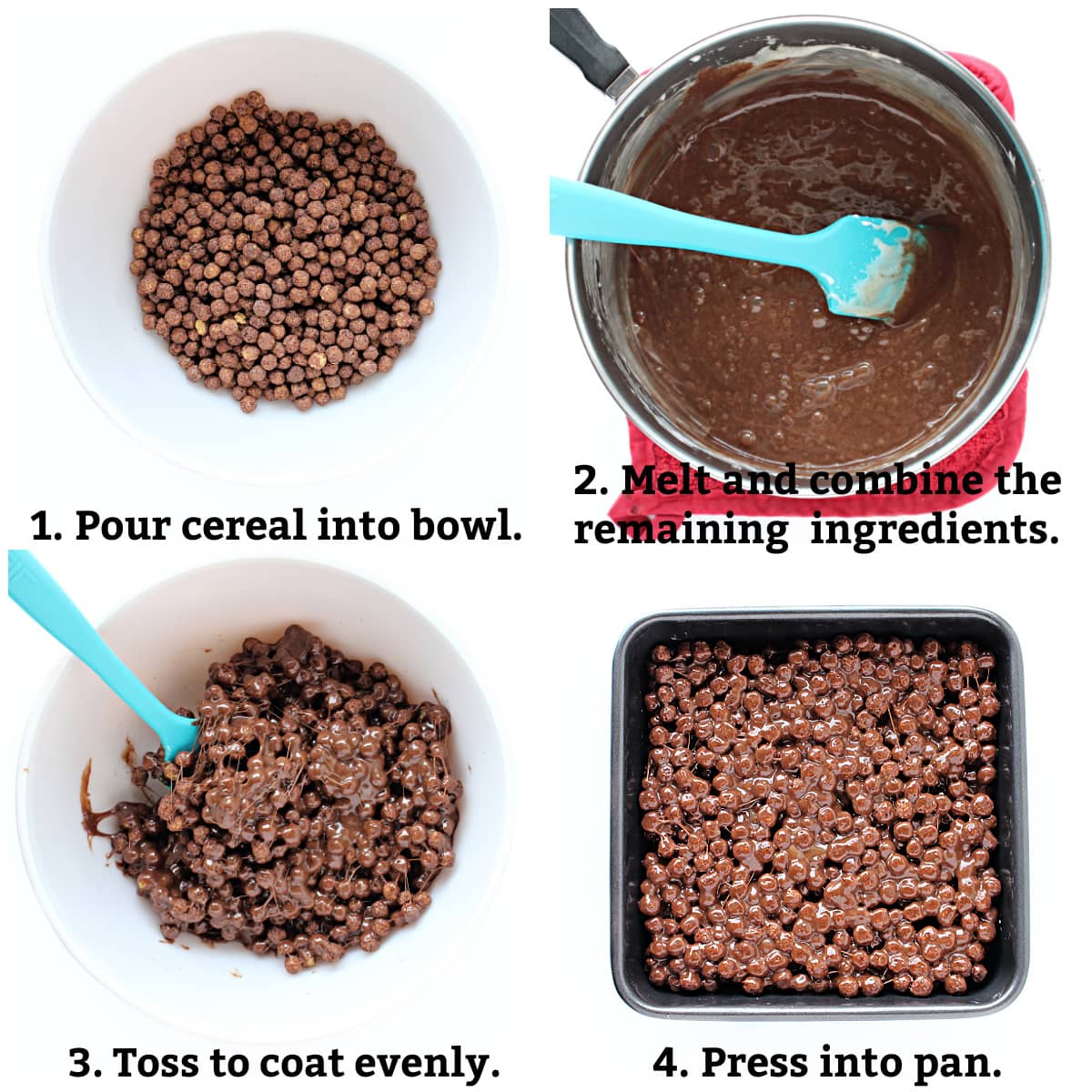 Instructions: pour cereal into bowl, melt remaining ingredients, mix with cereal. press into pan.