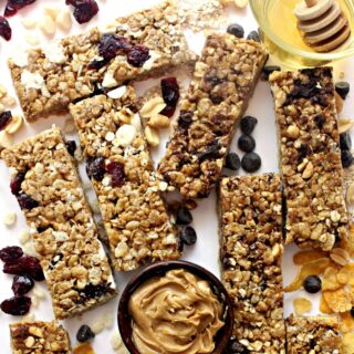 Chewy Granola Bars filled with cereal, peanut butter, and dried fruit.
