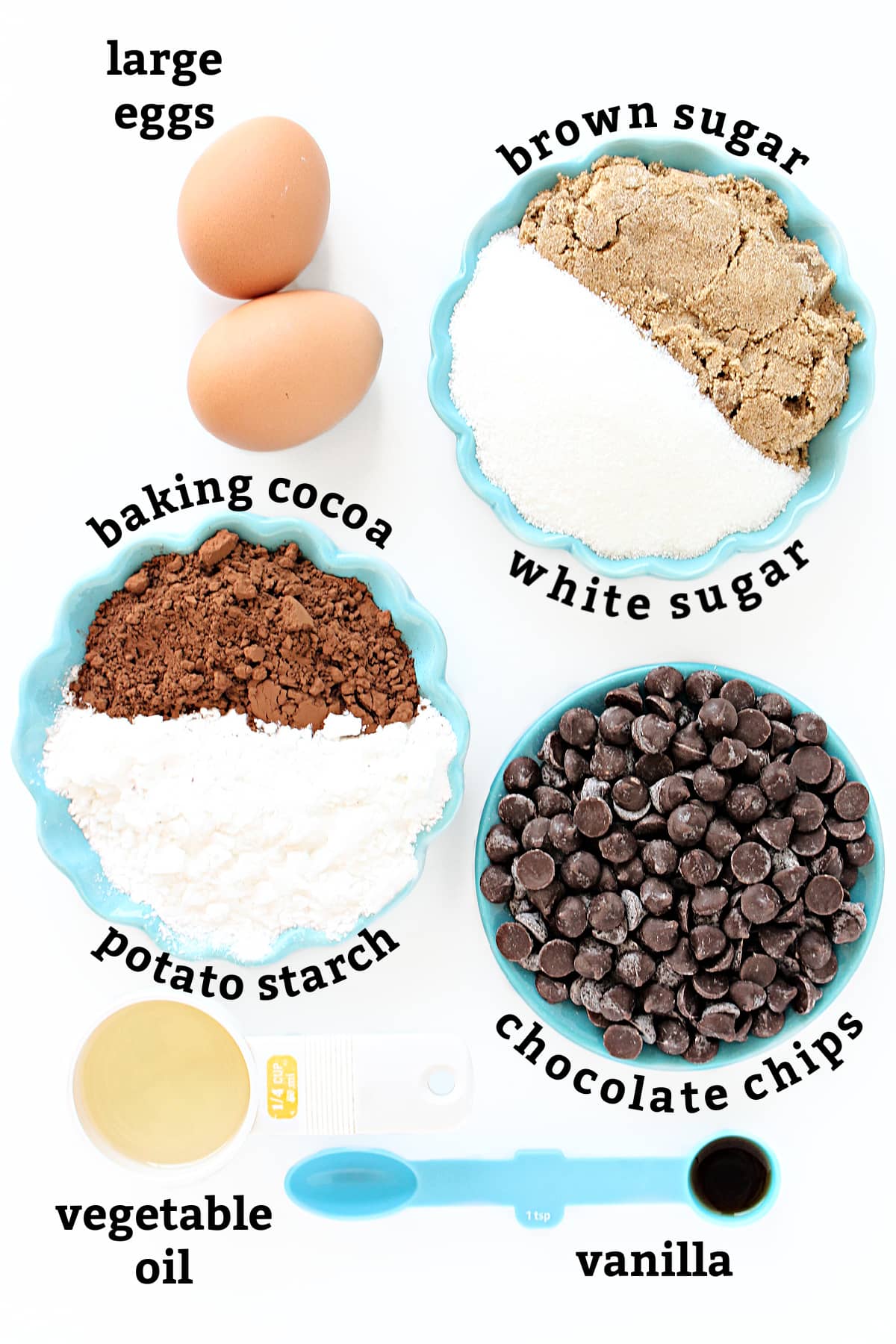 Ingredients labeled eggs, brown sugar, white sugar, cocoa, potato starch, chocolate chips, vegetable oil, vanilla.