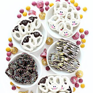 Chocolate covered pretzels decorated like sheep and rabbits.