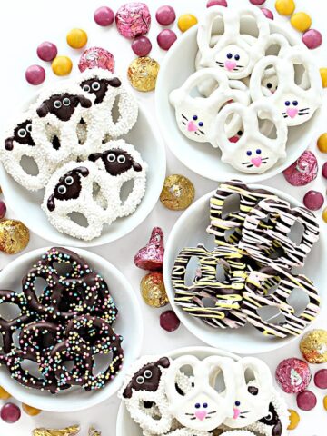 Chocolate covered pretzels decorated like sheep and rabbits.