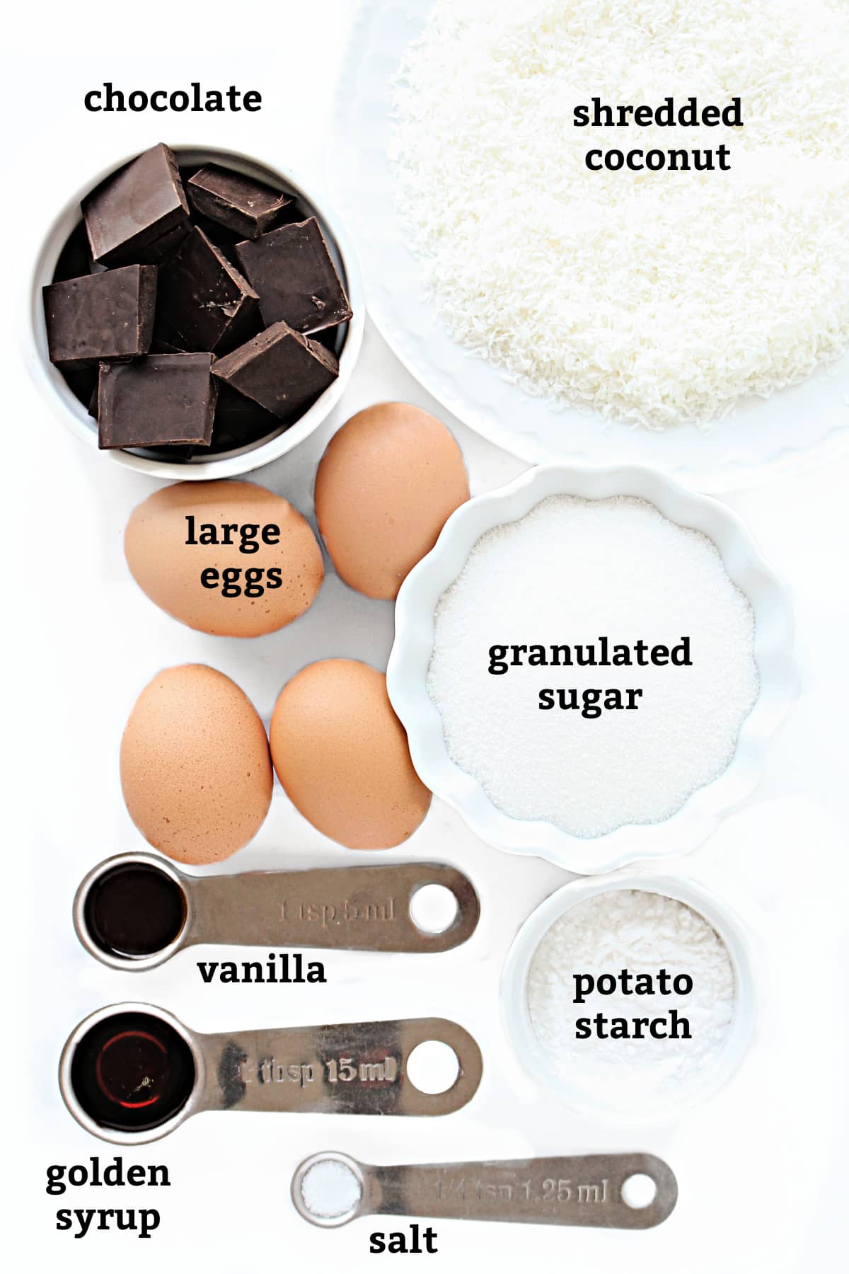 Ingredients labeled; chocolate, shredded coconut, large eggs, granulated sugar, vanilla, potato starch, golden syrup, salt.