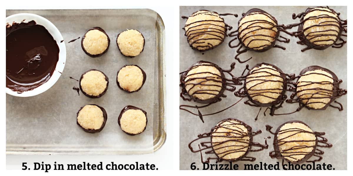 Instructions: dip macaroons in melted chocolate, drizzle melted chocolate on top.