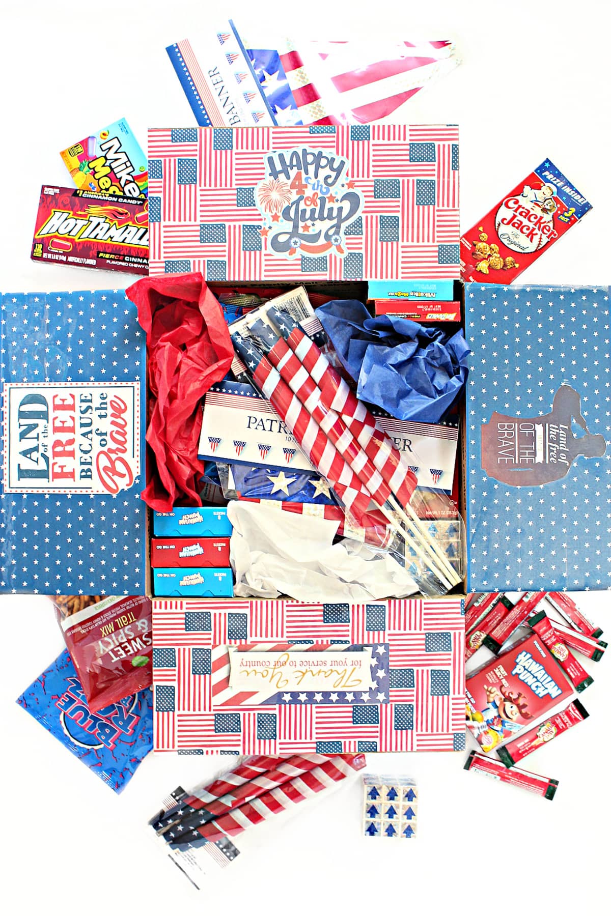 4th of July Care Package decorated and filled with red, white, and blue.