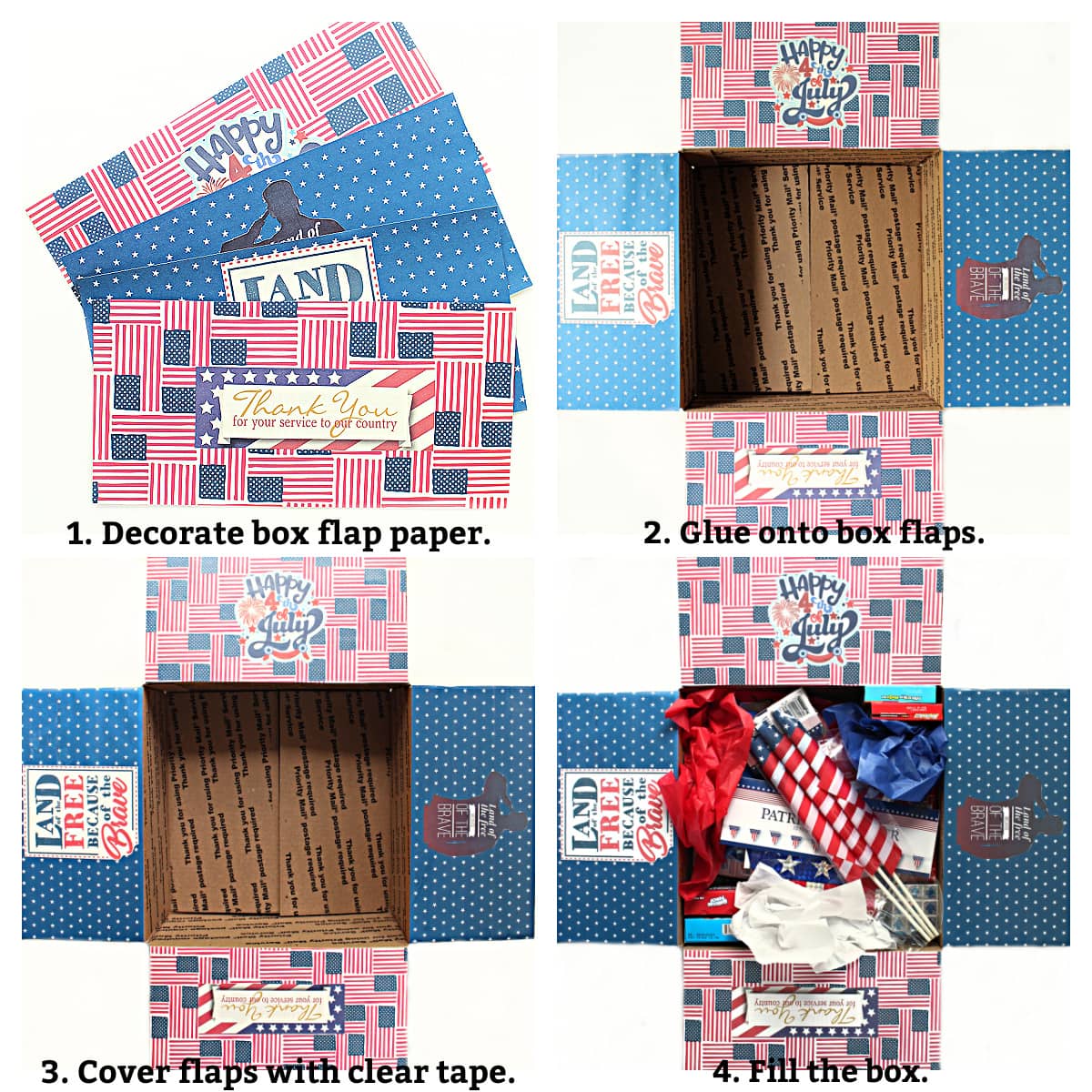 Instructions labeled: decorate box flap paper, glue onto box, cover with tape, fill box.