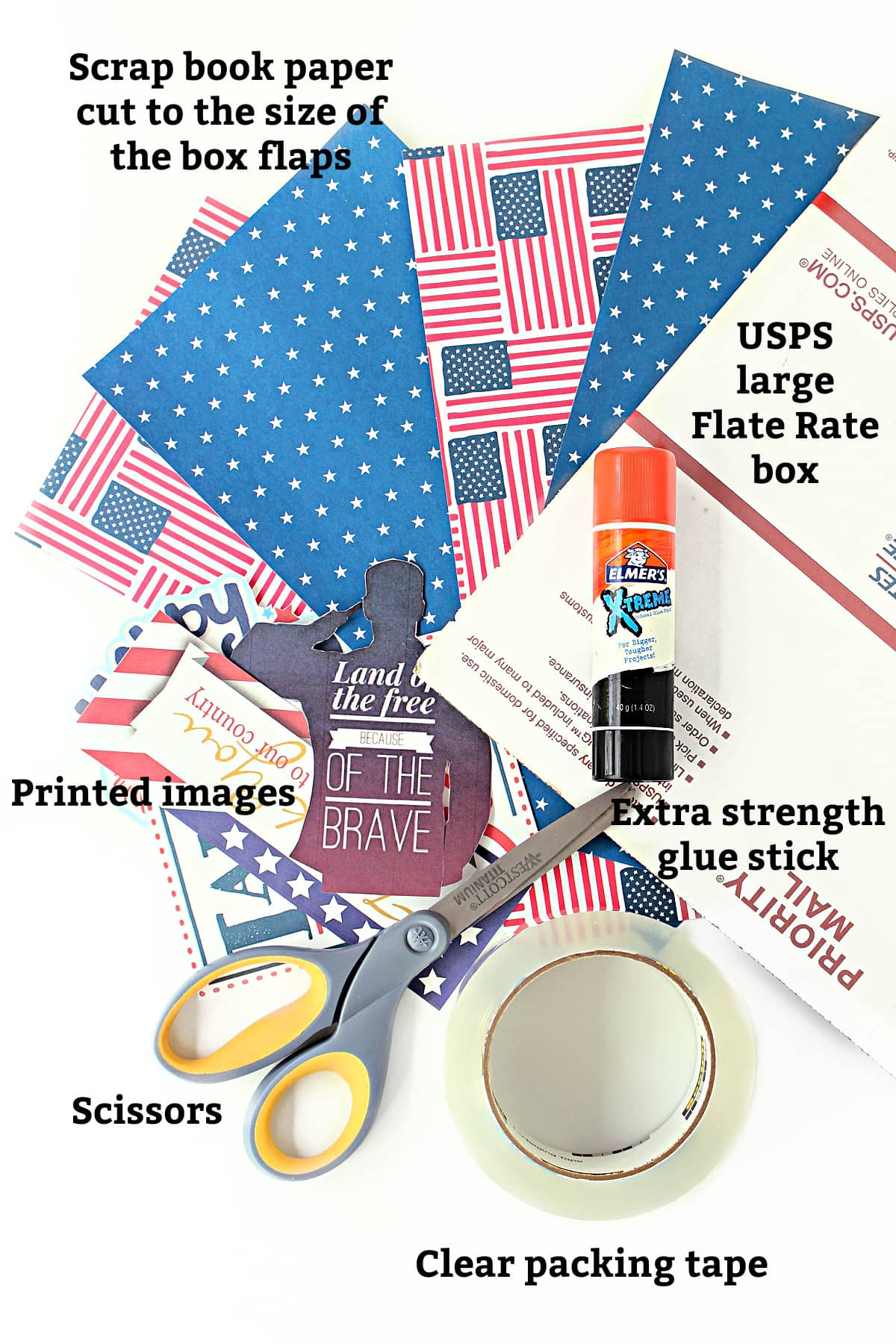 Materials labeled: scrapbook paper, box, glue stick, printed images, scissors, packing tape.