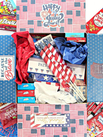 Decorated and filled 4th of July care package.