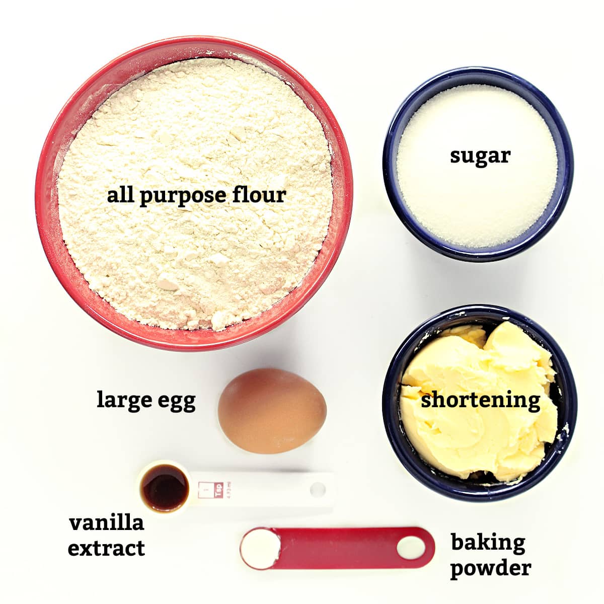Ingredients labeled: flour, sugar, egg, shortening, vanilla, baking powder.